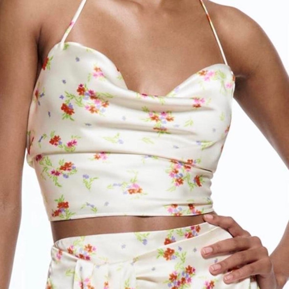 Zara Open Back Floral Print Cowl Neck Halter Top | Size: S